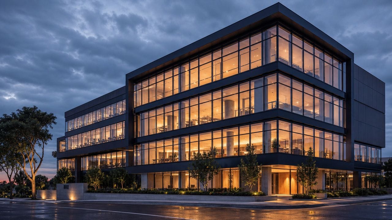 Commercial building with a full-height aluminum glass curtain wall at dusk