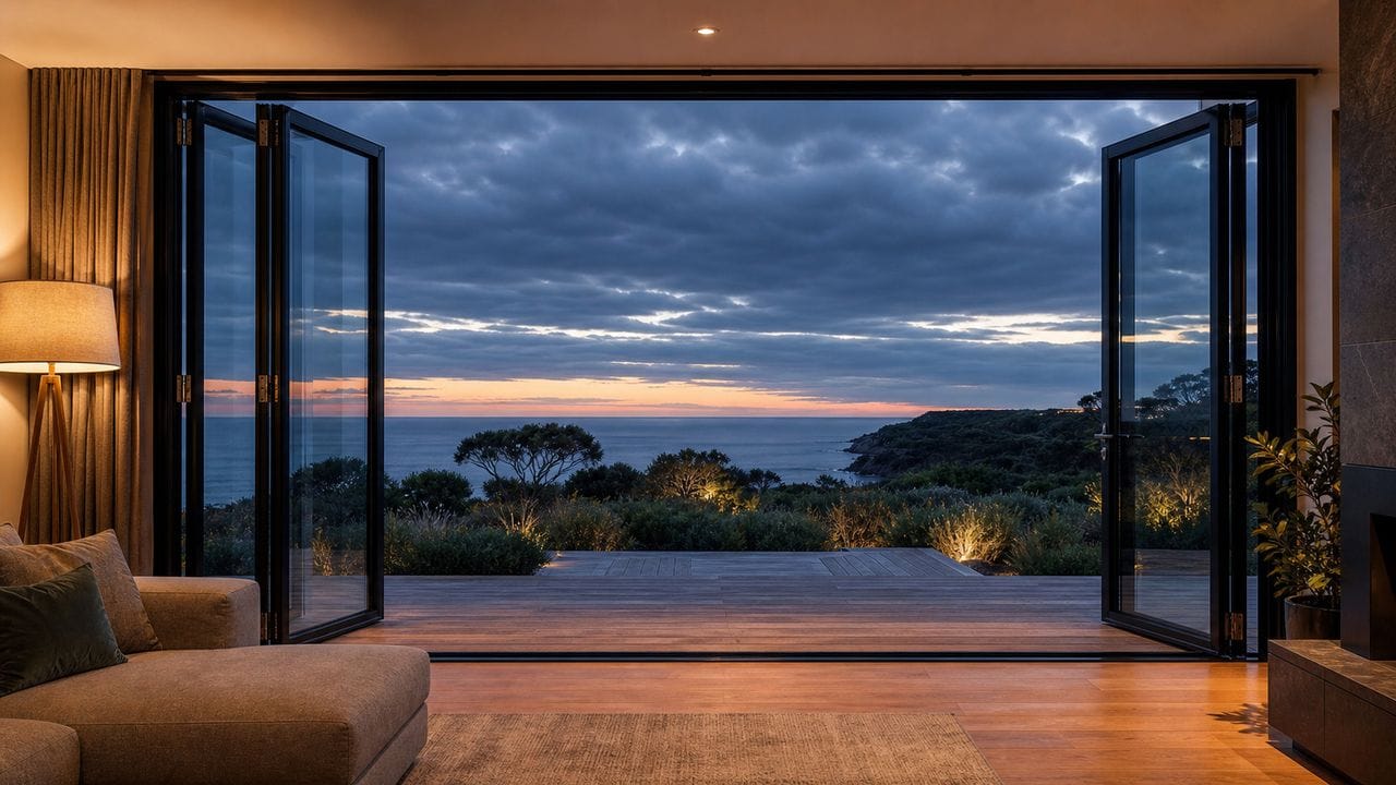 Open aluminum bifold doors connecting a living room to an ocean-view deck